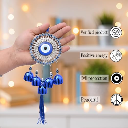 Image of Blue Evil Eye Wall Hanging with 5 Bells, Traditional Protection Charm, Decorative Tassel Ornament| Home Decor| Vastu| Nazar Protection|