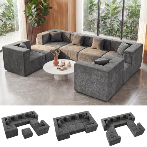 Image of MONVANE Oversized Boneless Sectional Couches for Living Room, 8-Seat Cloud Couch, Modular Sofa with Ottoman & 8 Throw Pillows, Comfy Chenille, No Assembly Required, Gray