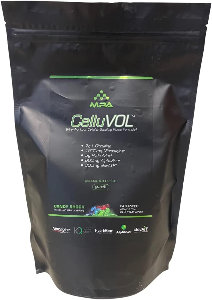 MPA Supps Celluvol Caffeine-Free Pump & Nootropic Pre Workout Supplement, Non Stimulant Preworkout Powder & Nitric Oxide Booster, 24 Servings, Candy Shock