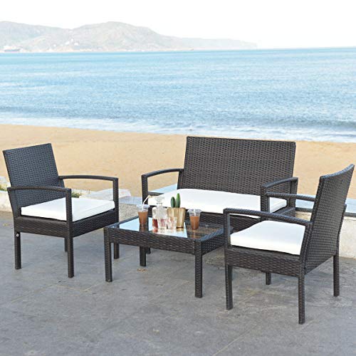Image of Carry Bird 4 Piece PE Wicker Rattan Outdoor Furniture | 4 Seater Balcony Sofa With Tea Table | Set of 2+1+1 Outdoor Patio Chairs with Coffee Table | Sofa Sets & Center Table for Home & Garden | 3 Piece Patio Stools with Table | Indoor Patio Furniture Set Space Saving | Rattan Chair | Patio Set | Wicker Conversation Set | Poolside Lawn Arm Chairs Set For Balcony & Terrace | Balcony Table chair Set | Hotel Patio Seating Chair & Table Set with Glass | Brown Sofa White Cushion
