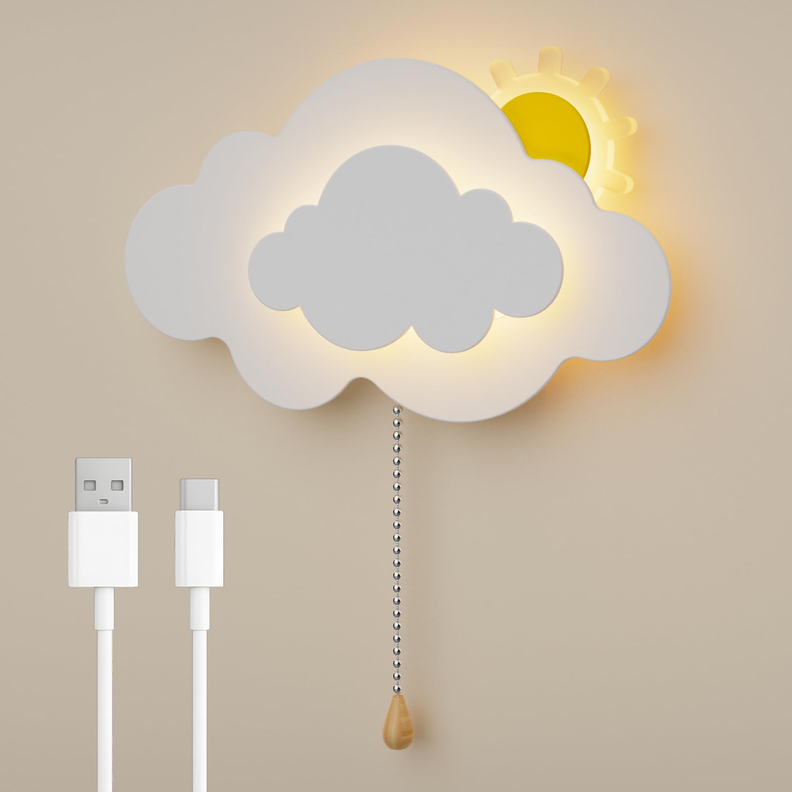DROMEZ Applique Camera da Letto Bambini, Lampada da Parete Senza Fili, Applique da Interno Nuvola con Interruttore, Ricaricabile USB, 4000mah, 3 Colore, per Bambina/Bambino, Bianca