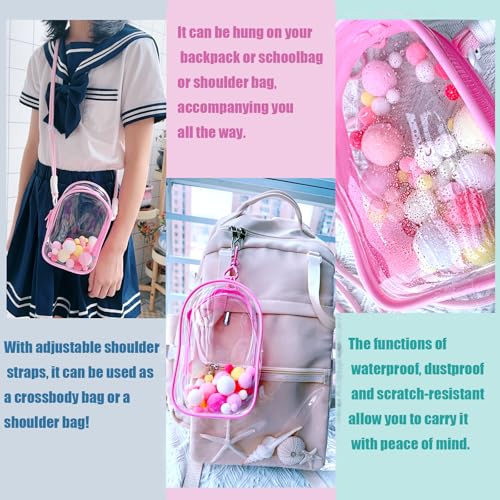 Image of Clear Doll Case with Keychain and Adjustable Strap, Waterproof Crossbody Bag for Blind Box Collectibles - Dustproof PVC Display Cover (pink, 6.9inch /17.5cm)