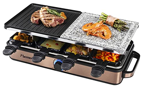 Bestron Grill imprezowy 2 w 1: elektryczny raclette dla maksymalnie 8 osób, odporny na zarysowania naturalny kamień do grillowania i płyta grillowa z powłoką zapobiegającą przywieraniu, 8 patelni i 8