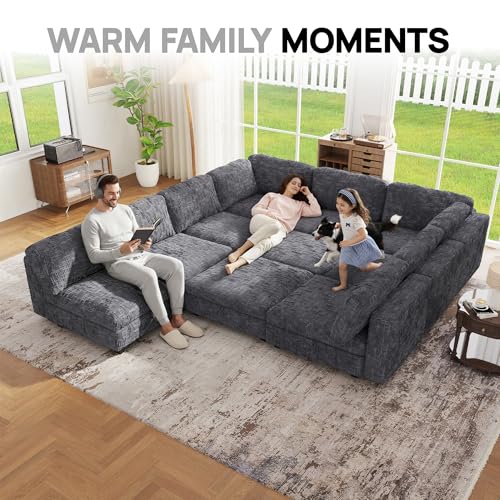 Image of Oversized Modular Sectional Chenille Sofa Bed with Hidden Storage, Comfy Modern 10 Seater Deep Seat Couch, Modular Sectional with Ottoman and Removable Cover for Living Room, Apartment, Gray