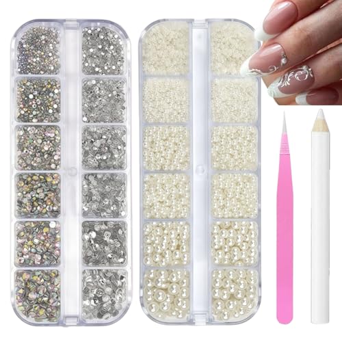 Tastetreasure Juego de 3000 piezas de diamantes de imitación y amuletos, resina 3D mariposa flor lazo, piedras preciosas mezcladas con pinzas y lápiz punteador para uñas, manualidades, fundas de