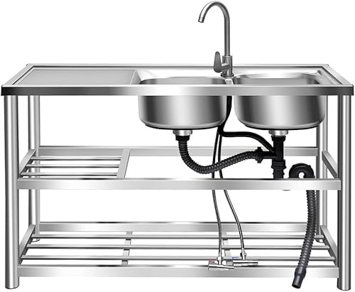 Fregadero utilitario de acero inoxidable 304 para exteriores, fregadero de cocina comercial de doble tazón, 2 compartimentos, preparación de acero