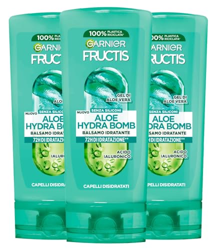 Garnier Fructis Aloe Hydra Bomb Acondicionador Hidratante para Cabello Deshidratado con Aloe Vera y Ácido Hialurónico 72H Hidratación - 3 x 200 ml