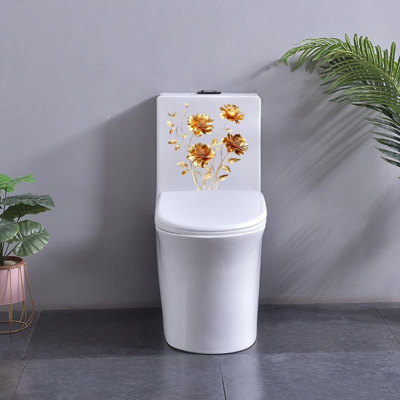 Christmas Gold Roses Flower Toilet Cover Sticker Decals,Fish Bird Flower Leaf Waterproof Toilet Lid Tank Seat Decals Cistern Self-Adhesive Bathroom Wall Sticker