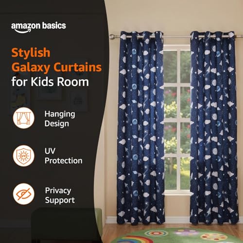 Image of Amazon Basics - Kids Room Darkening Digital Printed Door Curtains, 80-85% Room Darkening | 7 Feet |Set of 2| Digital Print | Kids Curtain |for Living Room and Bedroom | 115cmx 210cm, Design-Galaxy