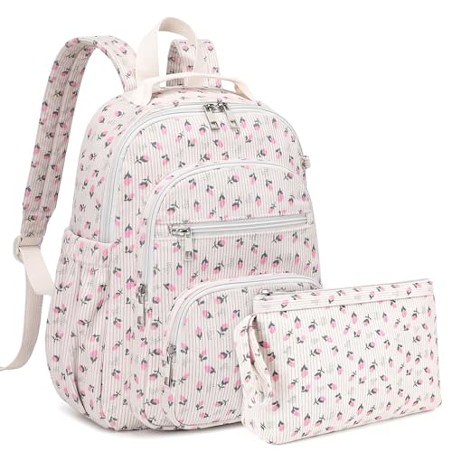 Image of Sisipoet Mini Backpack for Women, Corduroy Small Backpack for Ladies Bookbag Purse for Women with Handy Wallet and Luggage Strap, Beige Tulip