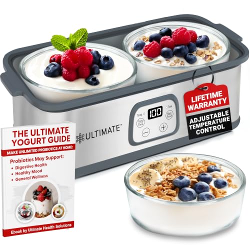 Ultimate Probiotic Yogurt Maker with Adjustable Time & Temperature Control, Make Trillions of Probiotics for Better Gut Health, Two 1-Quart Containers for Larger Batches, ULTIMATE LIFETIME WARRANTY