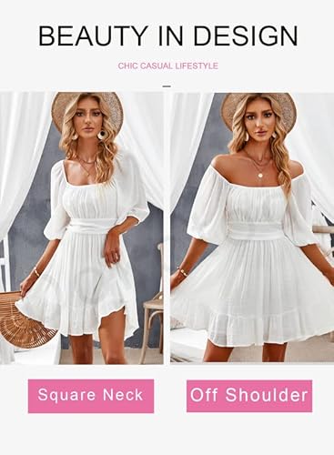 Dokotoo Womens White Dress Square Neck Summer Dresses Lantern Sleeve Tie Back Sexy Dress Shirred Elastic Waist Off The Shoulder Dresses Ruffled A-Line Flowy Dresses For Beach Medium #TOP2