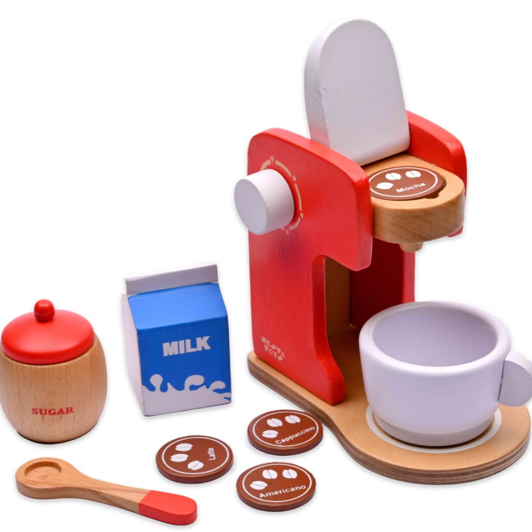 NESTA TOYS Wooden Coffee Maker Toy (9 Pcs) | Baby Friendly Pretend Play Cooking Toy | Ideal Miniature Kitchen Set Gift for Girls & Boys | Gifts for Babies & Toddlers Ages 3, 4, 5, 6 | Mini Cooking Set