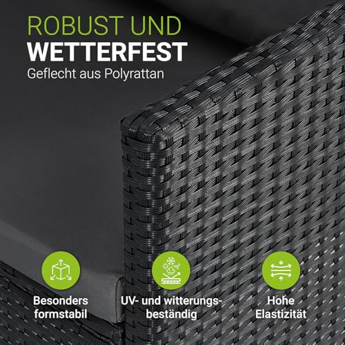 Juskys Polyrattan Lounge Manacor mit Ecksofa, Esstisch, 2 Hocker & Kissen - wetterfest bis 7 Personen - Bezüge waschbar - Rattan Garten Sitzgruppe Gartenlounge Gartenmöbel Set - Schwarz/Grau