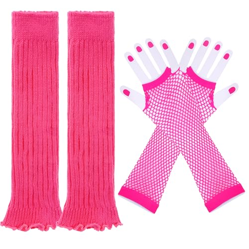 Miayon Leg Warmers Fishnet Gloves Fingerless Set Knit Long Socks for Women Girls 80s 90s Party Accessories Halloween (Hot Pink small)