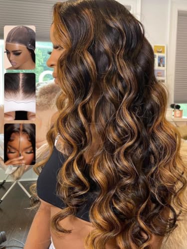 Image of Sunber Highlight Brown Body Wave Balayage 7x5 HD Lace Front Human Hair Wig | Ombre Glueless Wigs Human Hair Pre Cut Elastic Drawstring 150% Density Ready To Go Pre Plucked Bleached Invisible Knots 24 inch