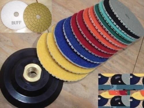 Premium Grade Wet 4" Diamond Polishing Pads 18 Pieces DAMO White Final Glaze Buff Rubber Back Holder Granite Concrete Marble Travertine Glass Quartz Terrazzo counter edge polishing