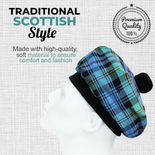 Image of Scottish Tam O' Shanter Hat Tartan Bonnet Pom Pom Wool Flat Cap One Size