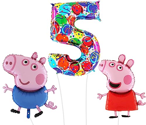 Toyland Peppa & George Pig Foil Balloon Pack - 2 x 37" Character Shape Balloons & 1 x 40" Number Balloon - Kids Party Decorations