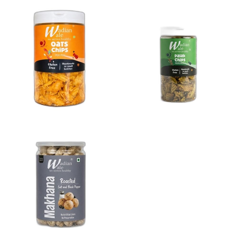 Wadianwale Healthy Diet Oats Peri Peri Chips & Palak Masala Gluten Free Chips & Roasted Salt & Black Pepper Makhana (Pack of 3)-image-42