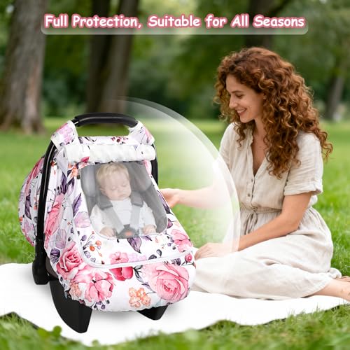 Image of Winter Car Seat Cover Baby with Sunshade & Dual Zipper Windows - Minky Bubble Lined Windproof Soft Shell, Warm Newborn Car Seat Canopy Covers, Elastic Bottom for Stroller & Infant Car Seat, Floral