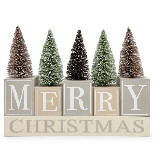 Christmas Decorations for Home Farmhouse Merry Christmas Tree Decor Wooden Winter Rustic Sign Vintage Holiday Tabletop Block for Kitchen Xmas Party Mantel Tiered Tray Gift