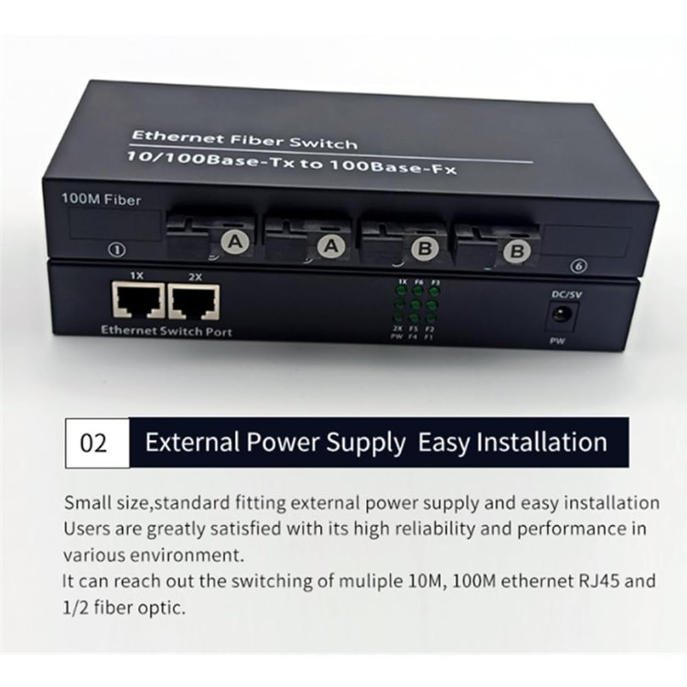 Fiber Optical Media Converter 10/100Mbps Single Mode 20Km 4 SC-Port 2 RJ45 Fiber Switch External Power Supply EU Plug