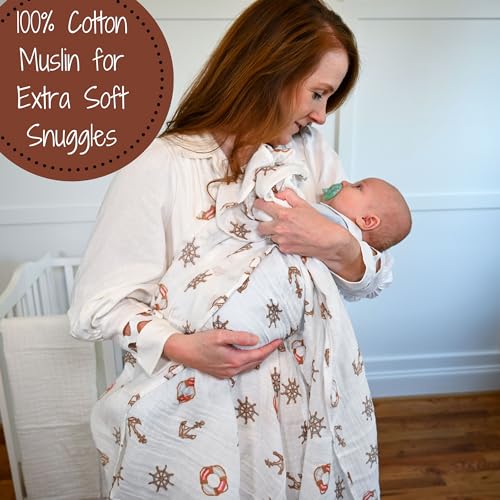 Image of LollyBanks Muslin Swaddle Blanket, 100% Muslin Cotton Gender Neutral Baby Blanket for Girls and Boys, 47 X 47 Inches Baby Receiving Blankets, Baby Essential, Registry (Boat Anchor Print)