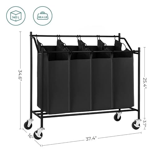 Songmics 4-Bag Laundry Cart Sorter, Rolling Laundry Basket Hamper, With 4 Removable Bags, Casters And Brakes, Black Urls90H #TOP3