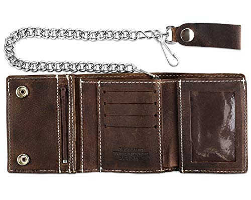 Image of RFID Blocking Men's Tri-fold Vintage Biker Cowhide Leather Steel Chain Wallet,Snap closure, Made In USA,Antique crazy horse brown,dc315