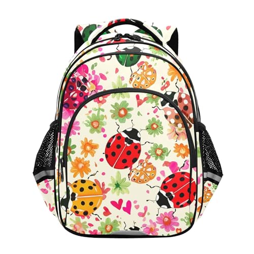 Joisal Back to School Bags Kawaii Colorful Ladybugs Floral Beige Girls' Backpack for Kids Student Travel Book Bag Teens Middle School Funny Backpacks Boys Medium