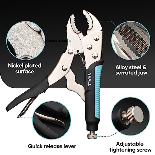 SHALL 6-Piece Locking Pliers, Vice Grips Pliers Set, 5",7" & 10" Curved Jaw Locking Pliers, 6-1/2" & 9-1/2 Long Nose Locking Pliers, 6" Locking C-Clamp, Two-Color TPR Handle, Roll Up Pouch Included