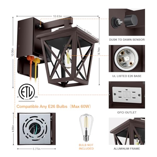 Image of Ehaho Porch Lights with Outlet, Dusk to Dawn Outdoor Light Built-in, Waterproof Anti-Rust Lantern Outside Light with GFCI Outlet, Wall Sconce Light with Plug for Front Door (Brown 1 PC)