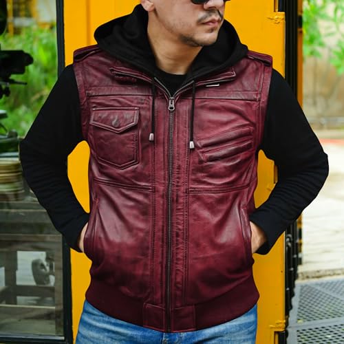 Image of Jild Hooded 2.0 Leather Jacket Men - Genuine Lambskin Leather Bomber Jacket with Removable Hood for Mens Fashion