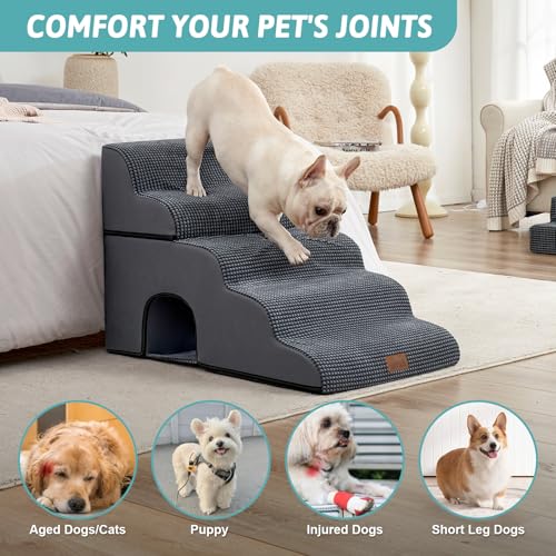 Image of COZY KISS Dog Stairs,with condo,22.4 inch H 5 Steps for Bed,Dark Grey | 5-step dog stairs and ramps for Old Cats, Puppy, Small Dogs,Non-Slip Base,for Couch & Bed, 17.7x33x22.4