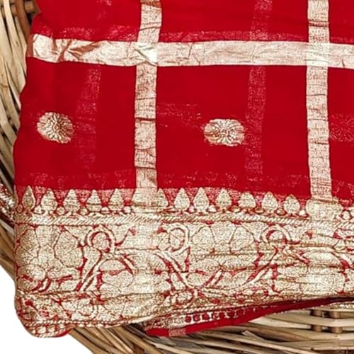 Image of Women's Pure Viscose Georgette Checks Zari Fabric Jaipuri Saree with Matching Blouse