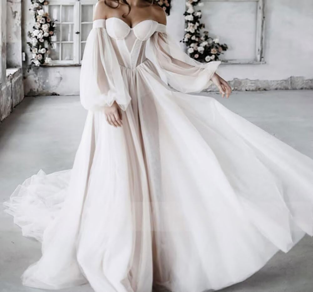 CWOAPO Puffy Sleeve Prom Dresses Tulle Long Ball Gown Off Shoulder Corset Wedding Dress for Women Formal Evening Gowns - Image 3