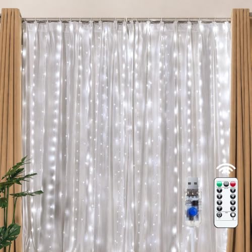 Image of Brightown 300 LED Fairy Curtain Lights, 9.8ft x 9.8ft Curtain String Lights | White USB Plug in 8 Lighting Modes Christmas String Hanging Lights with Remote for Bedroom Indoor Outdoor Party Xmas