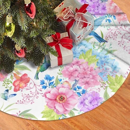 image for Siiuuol Hummingbird Flower Christmas Tree Skirt 36 Inches, Flower Xmas