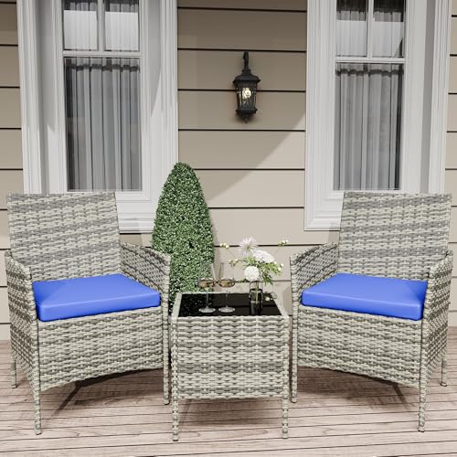 GarveeHome Set Bistro Exterior 3 Piezas - Muebles De Jardín De Ratán PE con 2 Sillas y Mesa De Centro - Cómodo y Resistente - Ideal para Patio, Balcón, Porche o Terraza