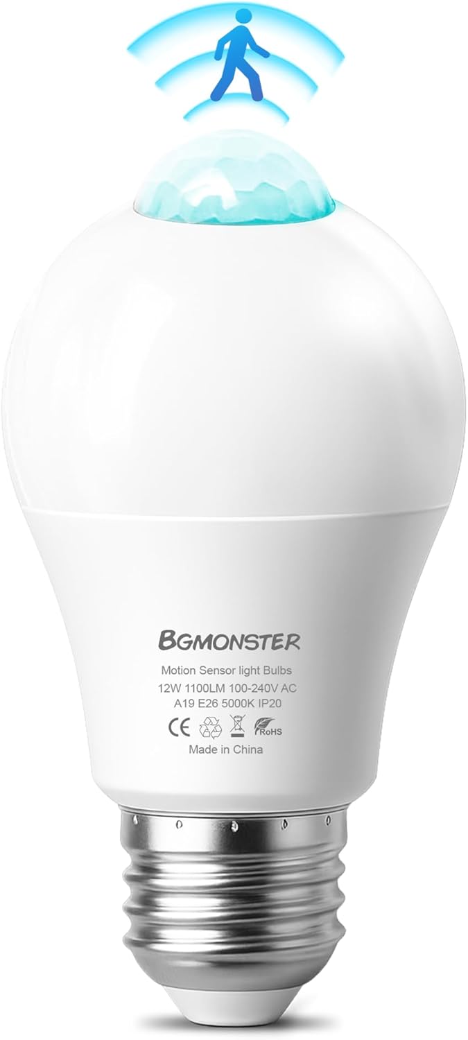 Motion Sensor Light Bulbs, Motion Detector Lightbulb Dusk to Dawn Led E26 12W(100W Equivalent) Light Bulb Indoor Outdoor for Porch Garage Hallway