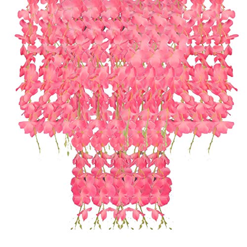 Image of Tdas Artificial Flower Wisteria Hanging Vine for Home Decoration Plants Plastic Flowers Decor Items Decorative Bunch Creepers Garlands Leaves Wedding Room, 110 CM (Dark Pink, 6)