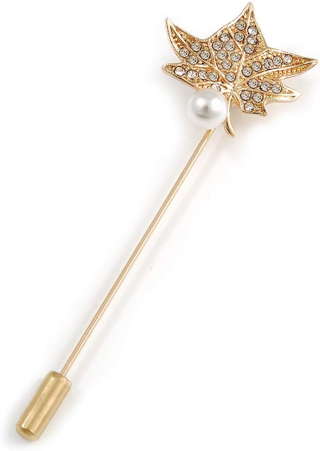 Avalaya Gold Tone Clear Crystal White Pearl Mapel Leaf Lapel, Hat, Suit, Tuxedo, Collar, Scarf, Coat Stick Brooch Pin - 60mm L