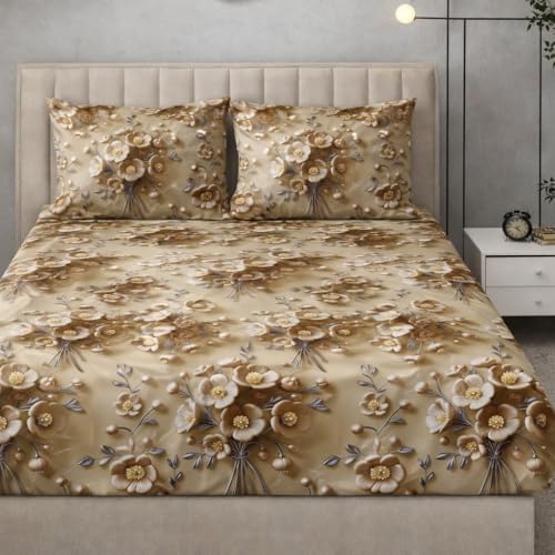Image of Cotton Feel King Size Flat Bedsheet for Double Bed (90 x 100 Inches | 230 x 250 cm) with 2 Pillow Covers | Soft & Smooth Printed Bedsheet for Daily Use (Golden 7D, King Bed-90x100)