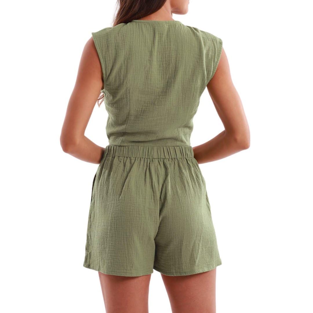 Amazhiyu Completo estivo da donna in garza di cotone increspato, 2 pezzi, pantaloncini e top