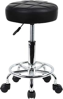 KKTONER Black PU Leather Rolling Stool - Height Adjustable Swivel Chair with Footrest & Wheels for Salon, SPA, Office, Drafting (Small)