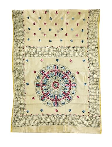 Image of SHRISTI CLOTHINGS Women's Hand Embroidered Cotton Silk Kantha Stitch Saree with Blouse Piece (J420924 LIGHTGOLDEND1)