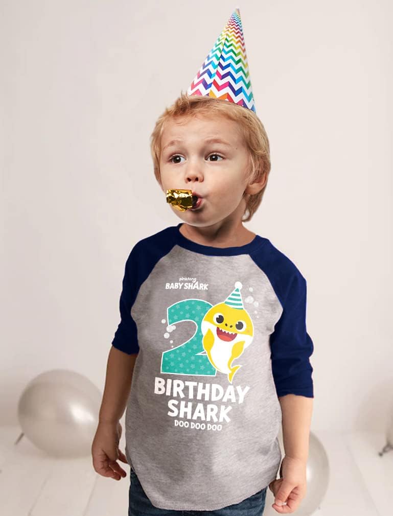 2nd Birthday Baby Shark Shirt - 3/4 Sleeve Baseball Tee Outfit for Toddler Boys and Girls Turning Two