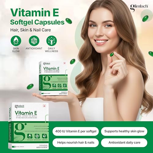 Image of GLIMLACH Vitamin E Capsule for Glowing Face, Skin and Hair Nutrition, Vitamin E Capsule Pack with Nutrient-Rich Formulation for Face Care, Skin Care and Hair Care (15 Capsules Each) (7)
