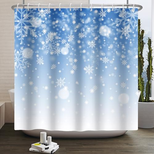 Kzzfqxb Rideaux de Douche 183x183cm avec Crochets en Plastique, Noël Nouvel an Neige d'hiver Beaux Flocons deneige, étanche Tissu Polyester pour Baignoire, Festival décoration pour Salle de Bain
